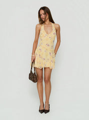 Isidorah Halter Pleat Mini Dress Blurred Yellow Floral