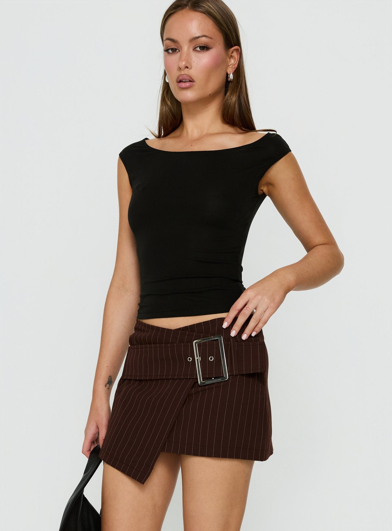 Myrienne Belted Mini Skirt Brown Pinstripe