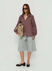 Caydence Long Sleeve Button Down Flannel Top Burgundy Check