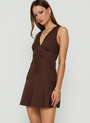 Splashy Lace Trim Mini Dress Chocolate