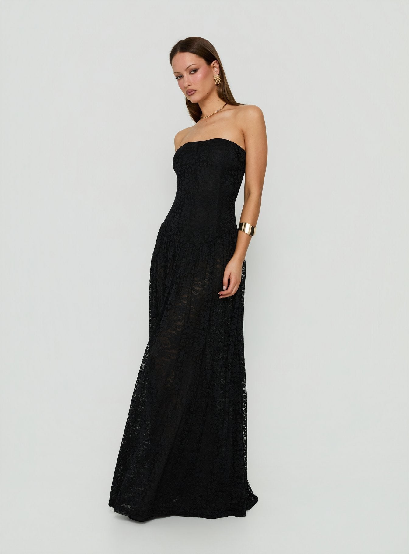Diannah Lace Corset Strapless Maxi Dress Black