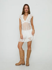Afortunata Sheer Lace Frill Mini Dress White Polka Dot