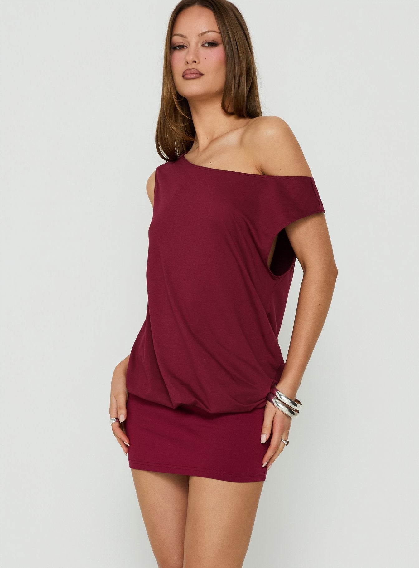 Ellah One Shoulder Drapey Mini Dress Wine