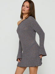 Katileya Off Shoulder Long Sleeve Mini Dress Brown / Blue Stripe