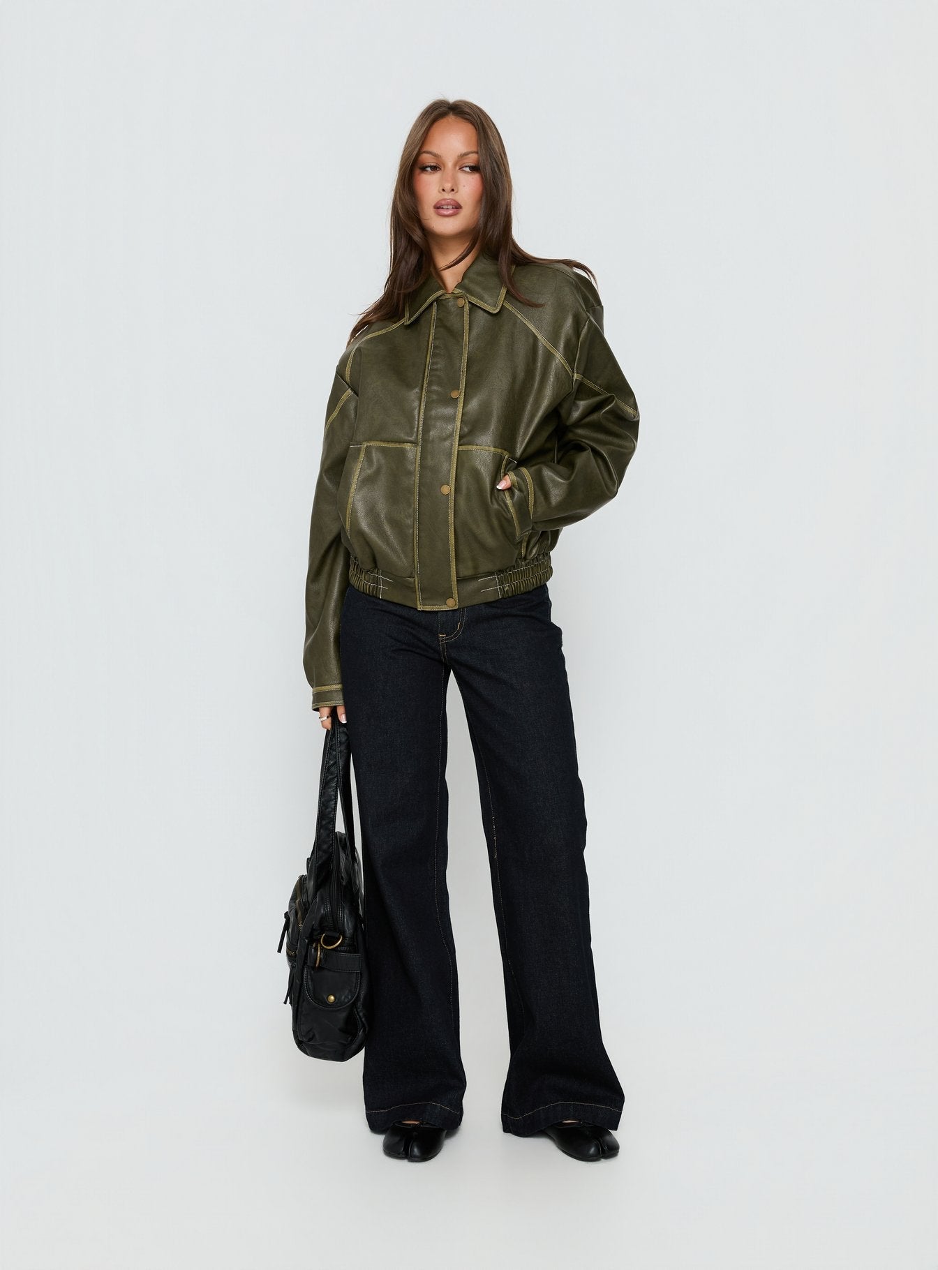 Jaxton Faux Leather Bomber Jacket Olive