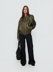 Jaxton Faux Leather Bomber Jacket Olive