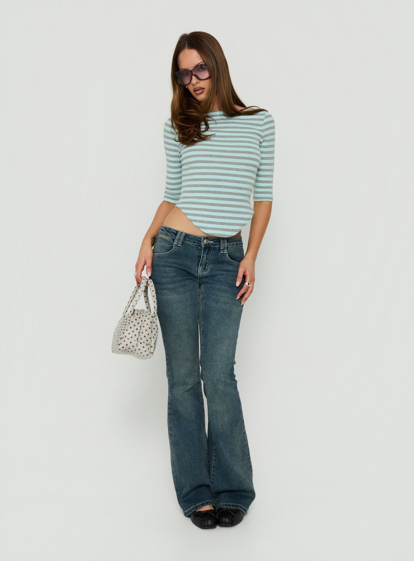 Cecielea Scooped Hem 3/4 Sleeve Top Blue / Grey Stripe