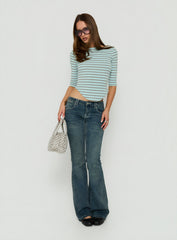 Cecielea Scooped Hem 3/4 Sleeve Top Blue / Grey Stripe