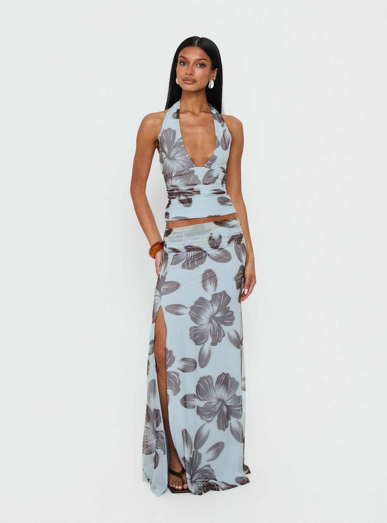 Roselin Mesh Maxi Skirt Blue Floral