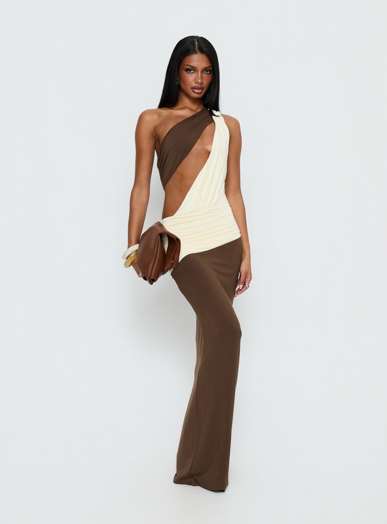 Loletta Draped One Shoulder Maxi Dress Chocolate / Yellow
