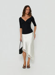 Koletta Asymmetrical Lace Trim Satin Midi Skirt Ivory