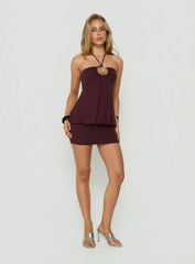 Betsey Ring Detail Tie Neck Mini Dress Burgundy