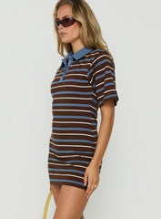Klare Polo V Neck Mini Dress Chocolate Stripe
