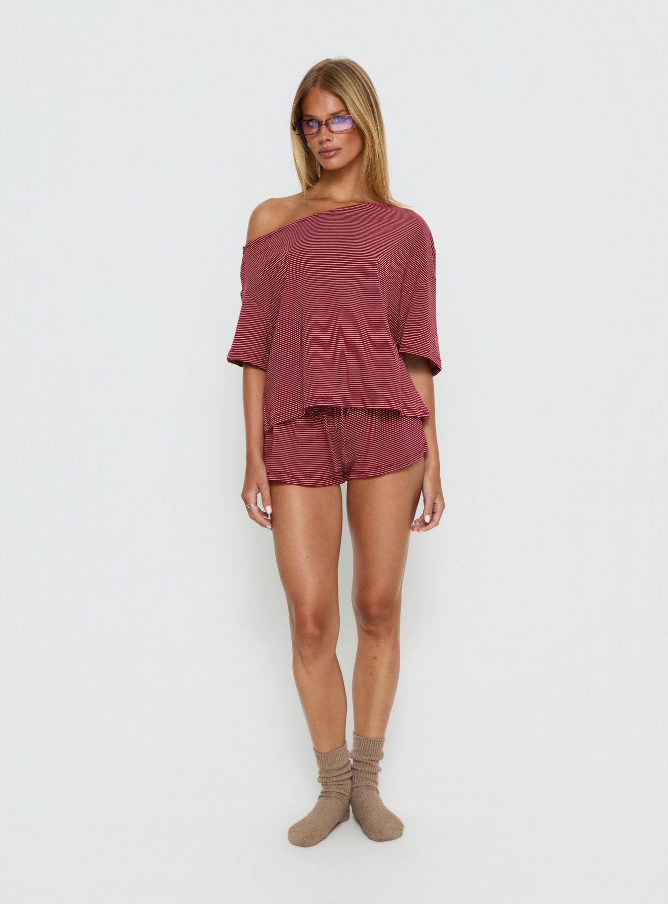 Sugar Surge Off Shoulder Sleep Top Cherry Stripe