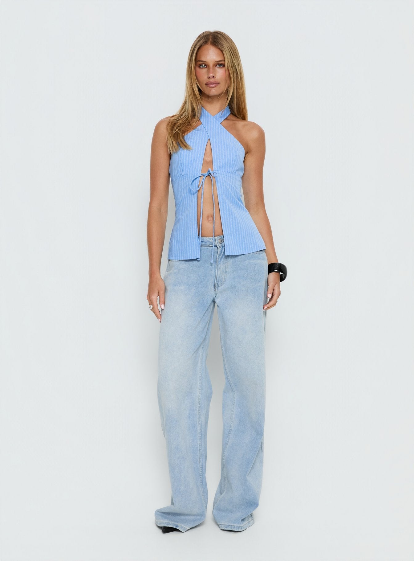 Sensational Cross Front Tie Detail Top Blue Stripe