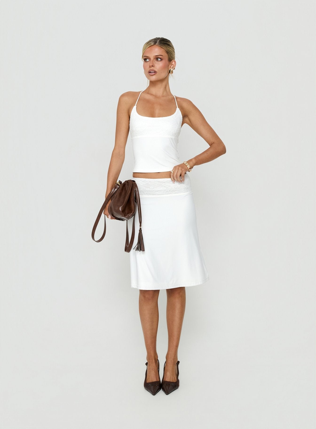 Zenaide Lace Detail Halter Tank Top White