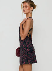 Rosabelle Halter Satin Mini Dress Navy / Red Floral