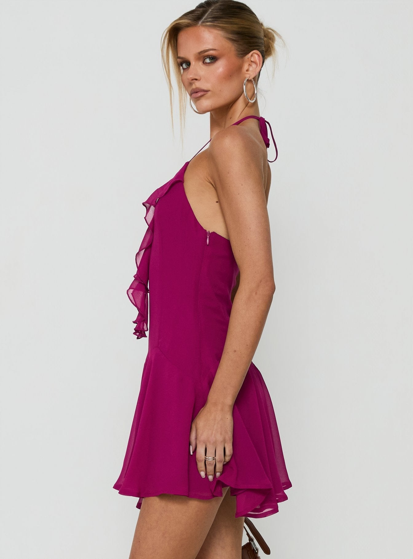 Hey Blondie Ruffle Halter Mini Dress Plum