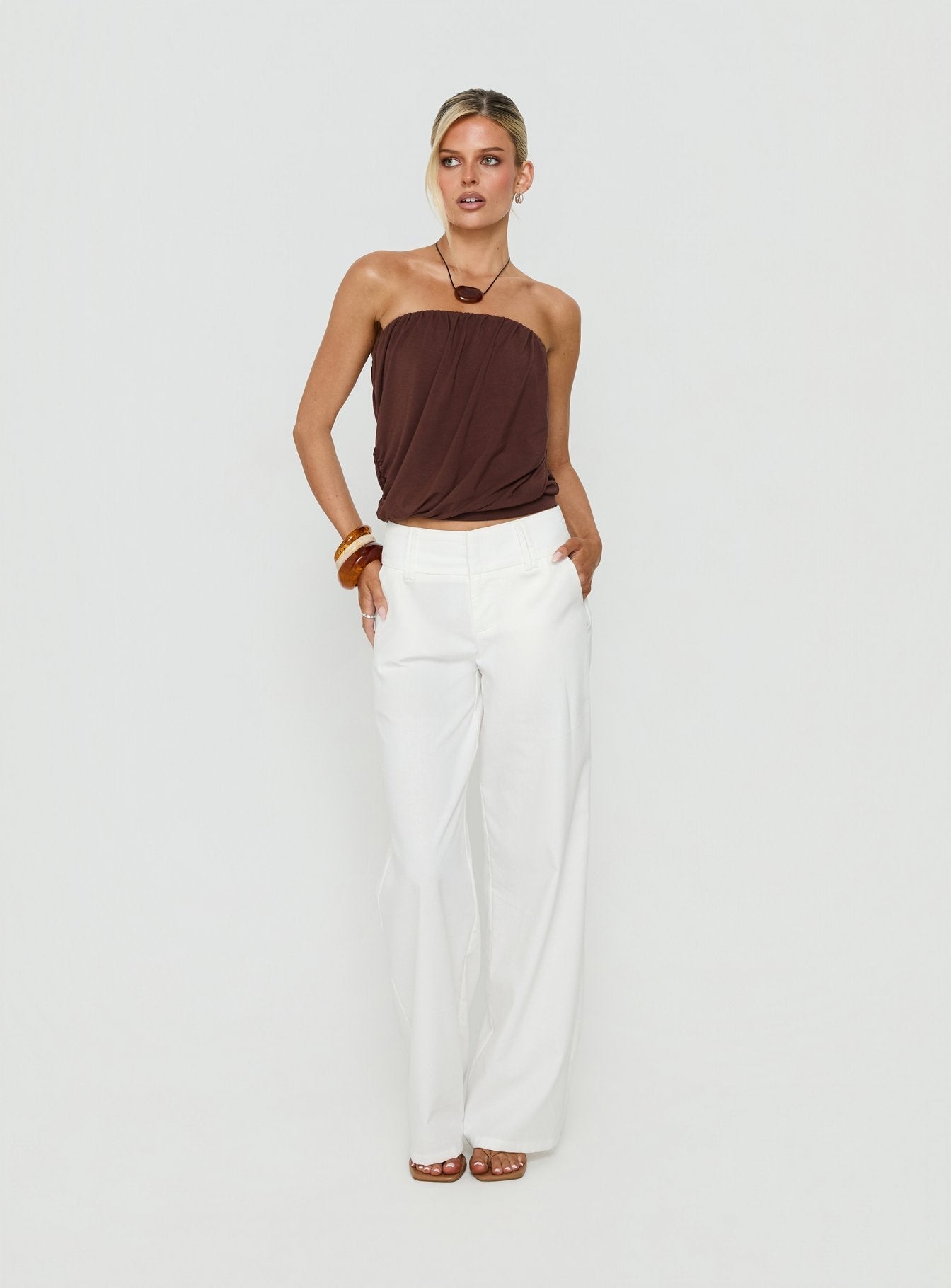 Taleisa Gathered Drape Strapless Top Brown