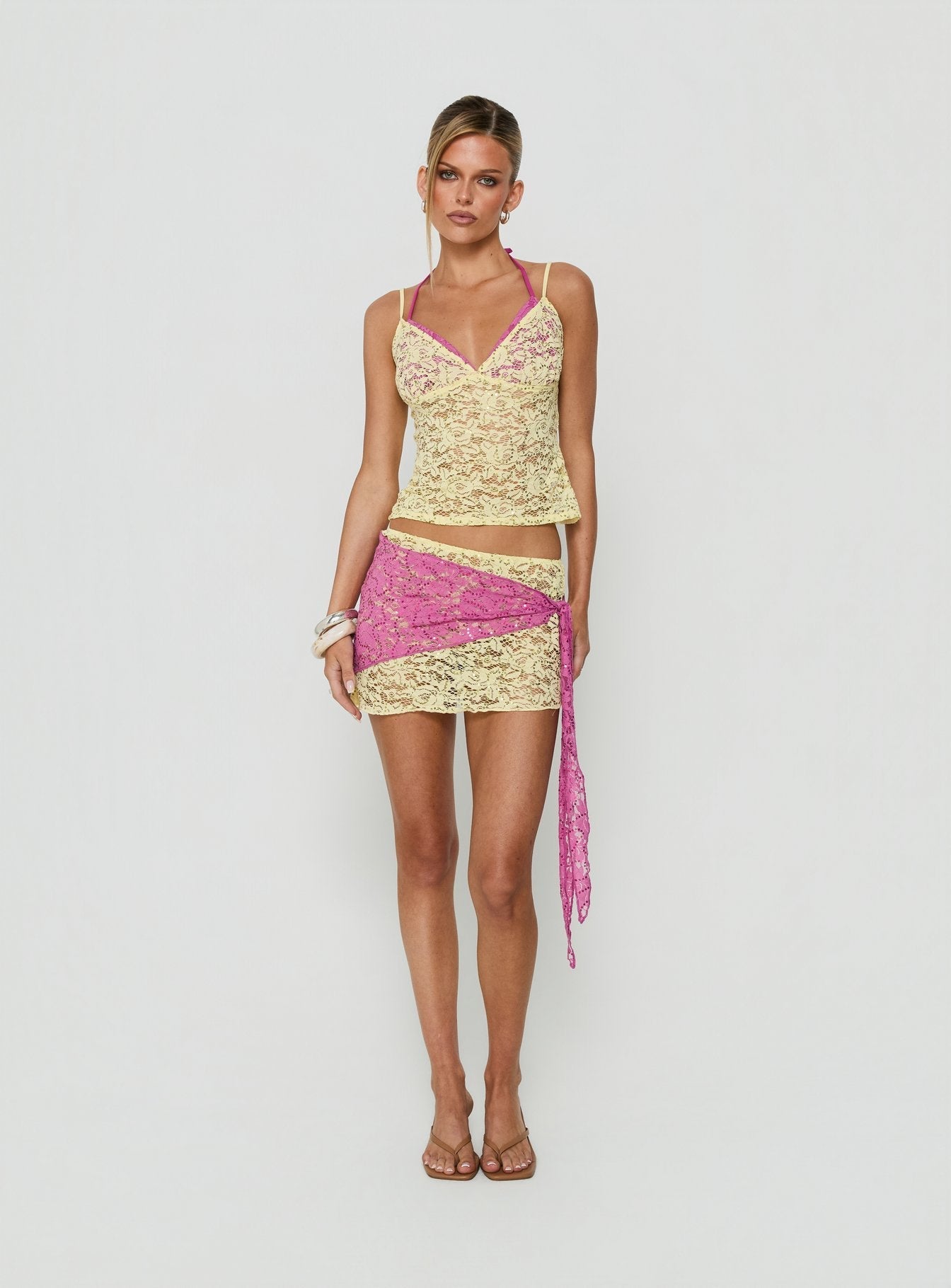 Sirna Lace Wrap Contrast Mini Skirt Lime / Pink