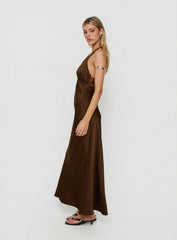 Adamaria Plunge Halter Lace Trim Maxi Dress Chocolate