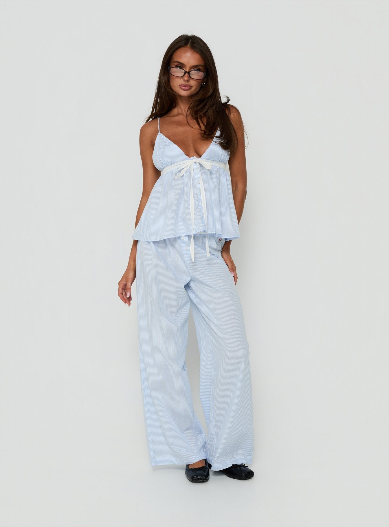 Zeni Tie Detail Babydoll Sleep Top Blue Stripe