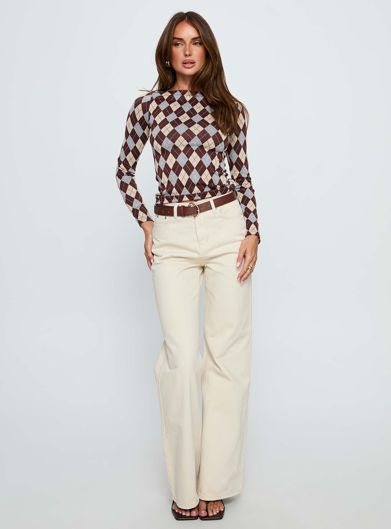 Shonna Boat Neck Long Sleeve Top Argyle