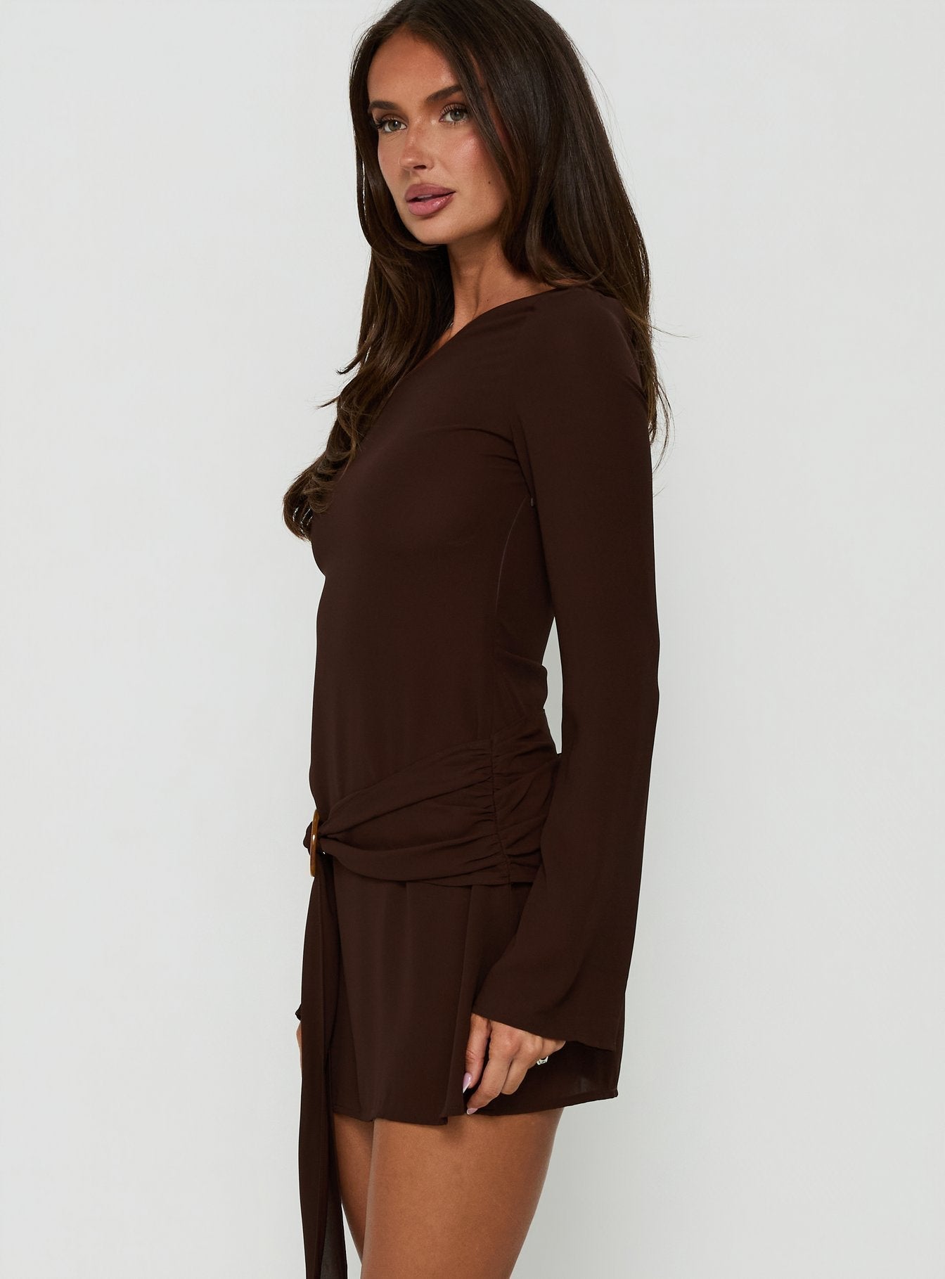 Still Spinning One Shoulder Belted Mini Dress Brown