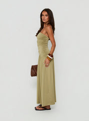 Isolina Strapless Ruched Maxi Dress Sage Green