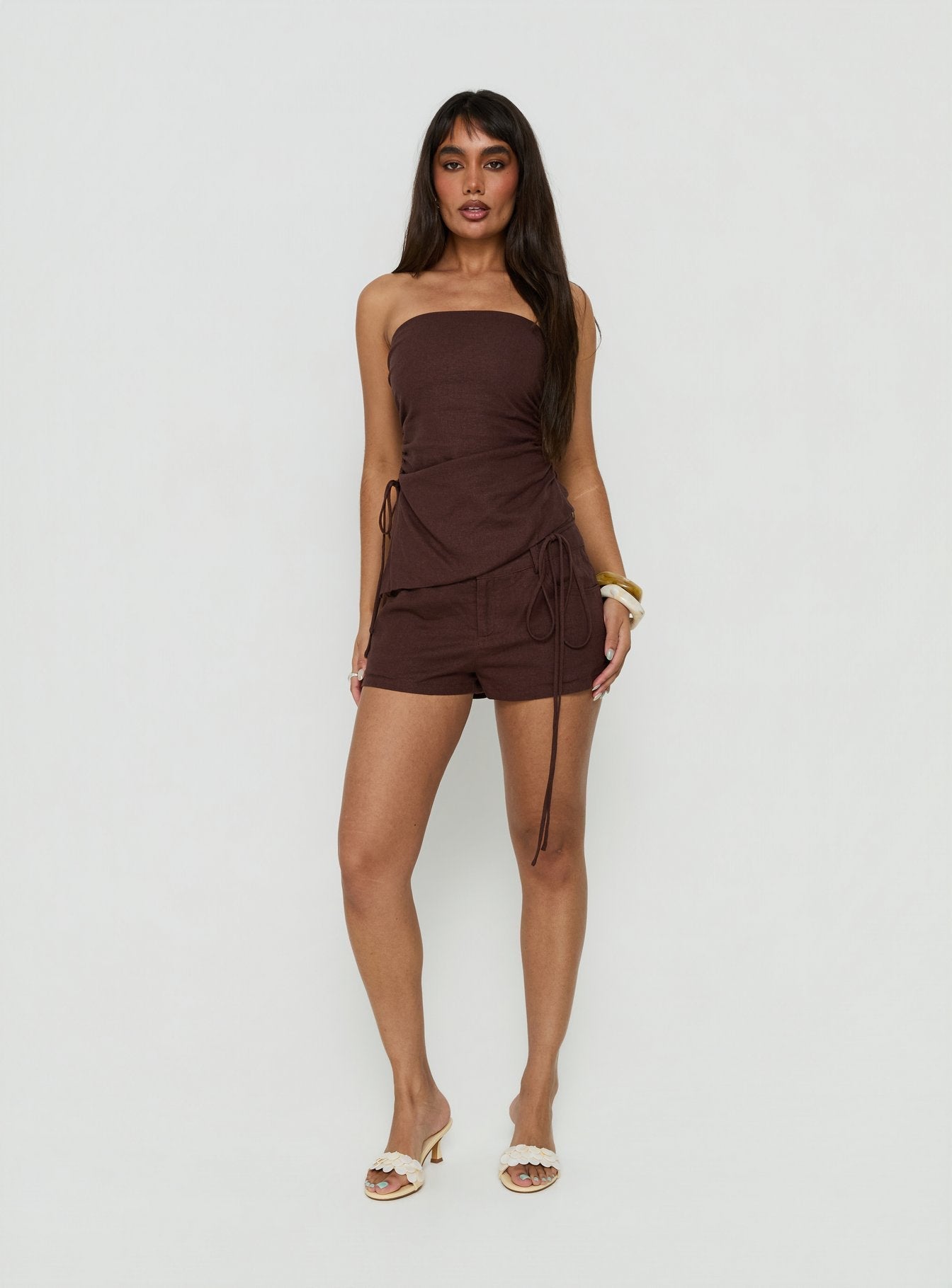 Lylie Linen Blend Tie Side Micro Shorts Brown