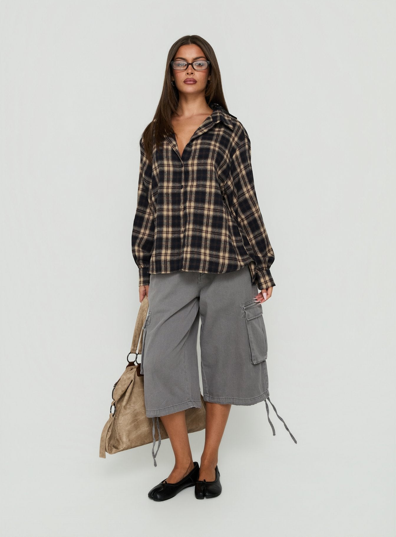 Caydence Long Sleeve Button Down Flannel Top Check Multi