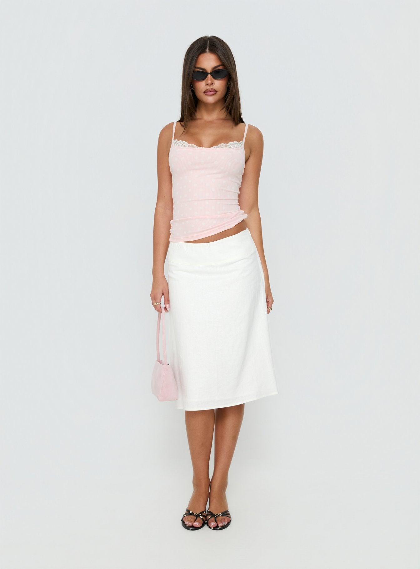 Spring To Summer Lace Trim Cami Top Pink Polka Dot