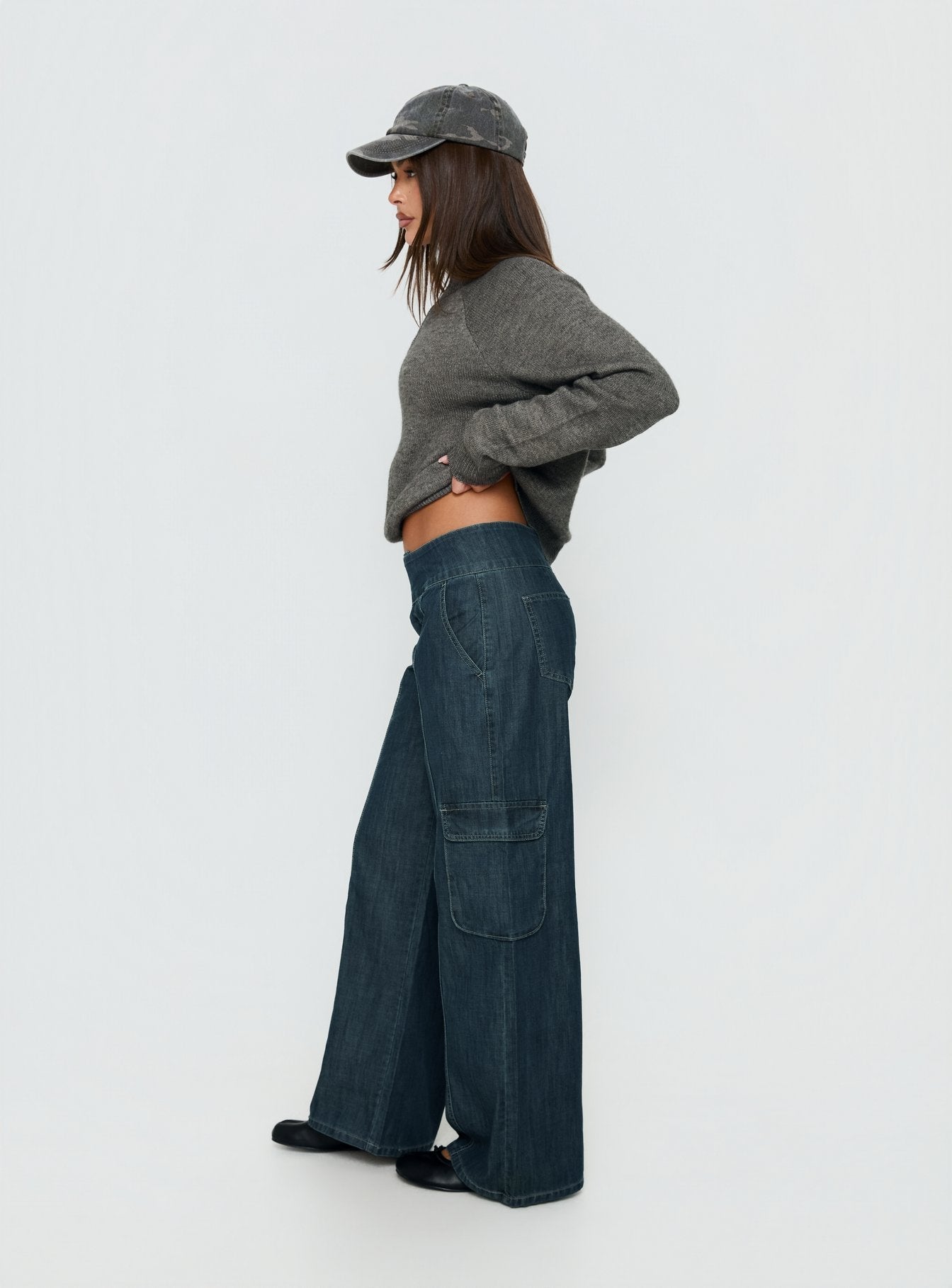 Nikoletta Mid Rise Wide Leg Cargo Jeans Dark Blue Wash