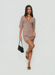 Reyya 3/4 Sleeve V Neck Mini Dress Taupe