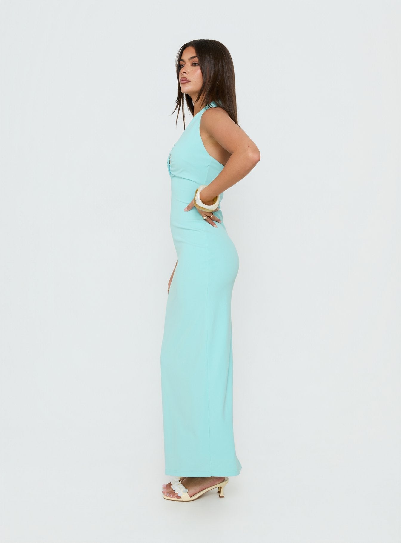 Soft Storm Plunge Halter Maxi Dress Turquoise