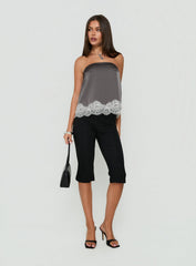 Sheyla Strapless Satin Lace Trim Top Grey / White