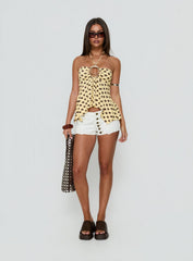 Betsey Ring Detail Tie Neck Top Yellow Polka Dot