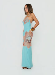 Kamina Beaded Halter Maxi Dress Turquoise