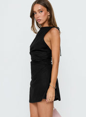 Veara Linen Low Back Tie Detail Romper Black