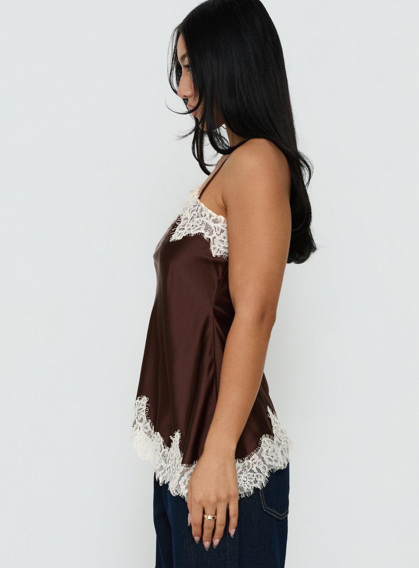 Winta Lace Trim Asymmetrical Satin Top Chocolate