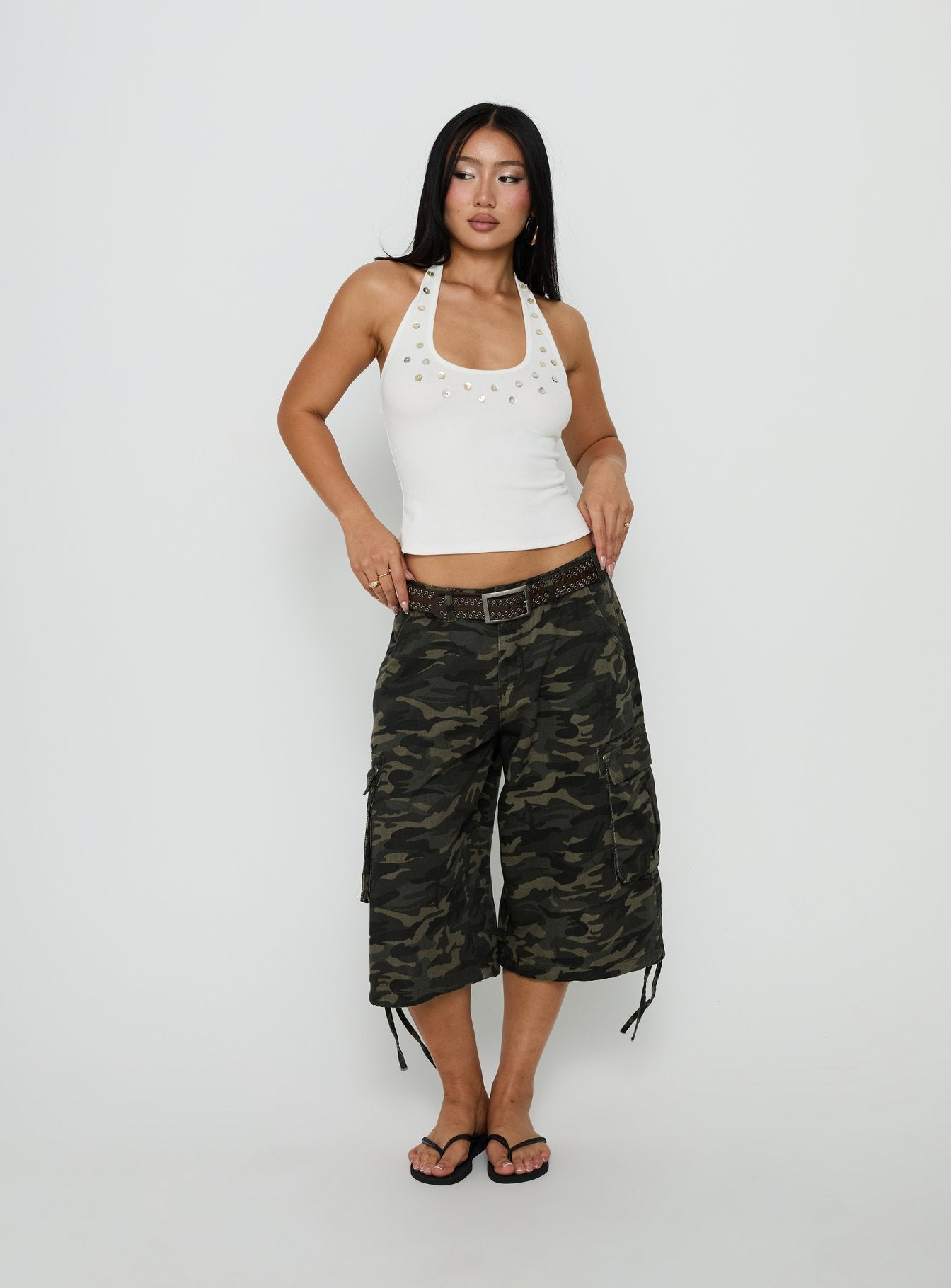 Renara Halter Ribbed Button Top White