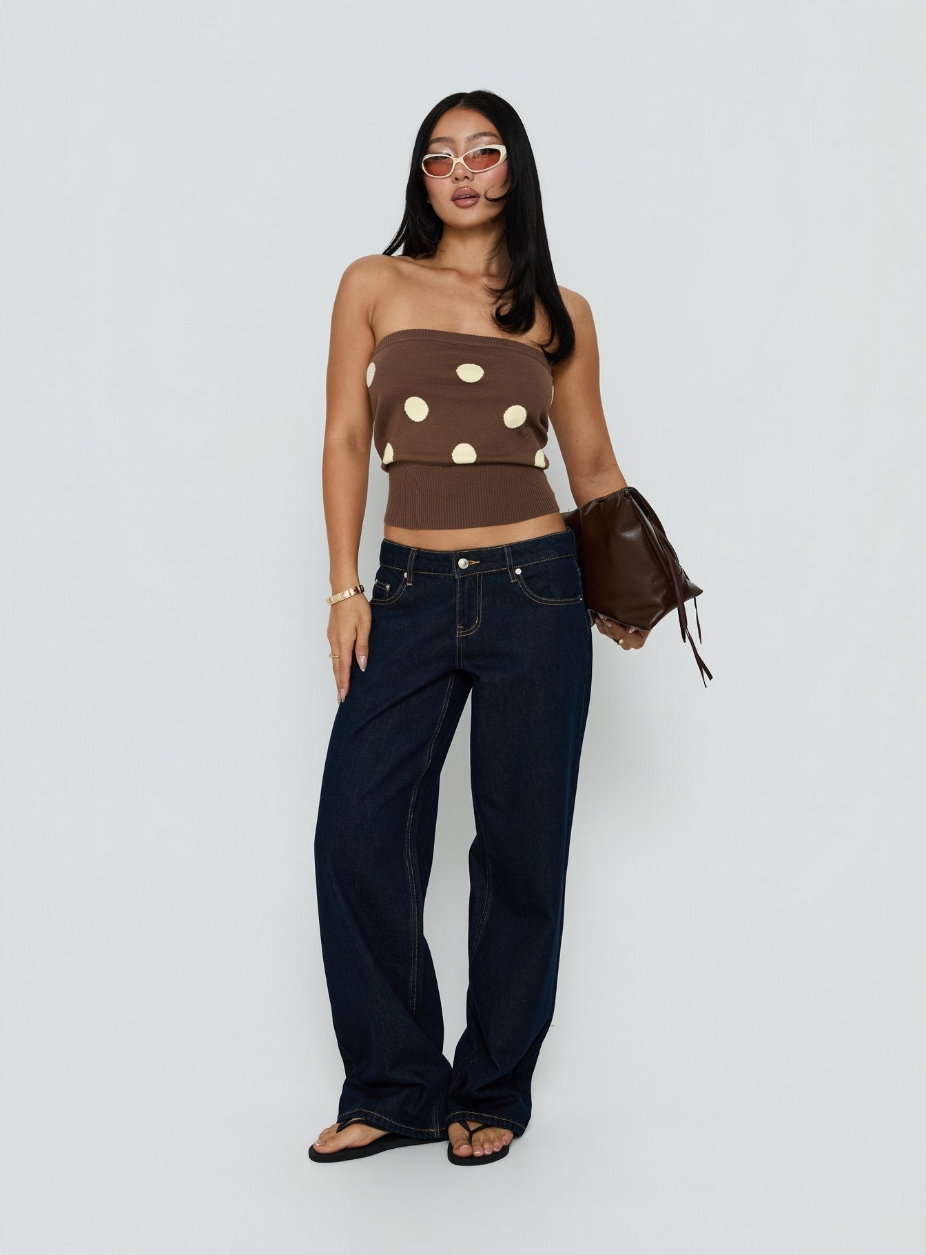 Tahlie Cinched Strapless Knit Top Brown Polka Dot