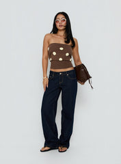 Tahlie Cinched Strapless Knit Top Brown Polka Dot