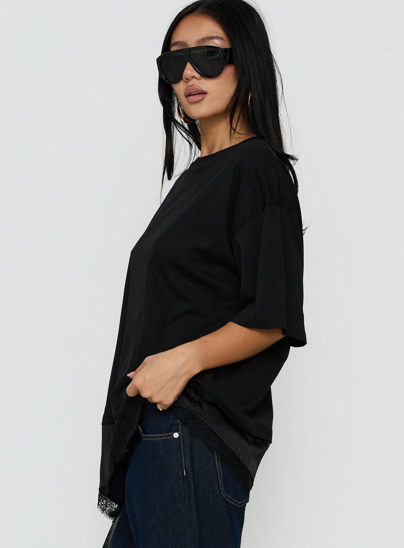 Dalarie Layered Lace Oversized Tee Black