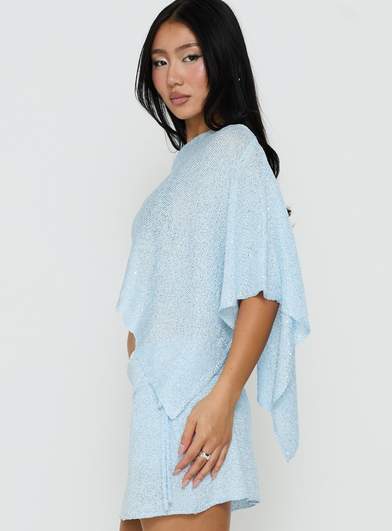 Shalva Knit Sequin Poncho Blue