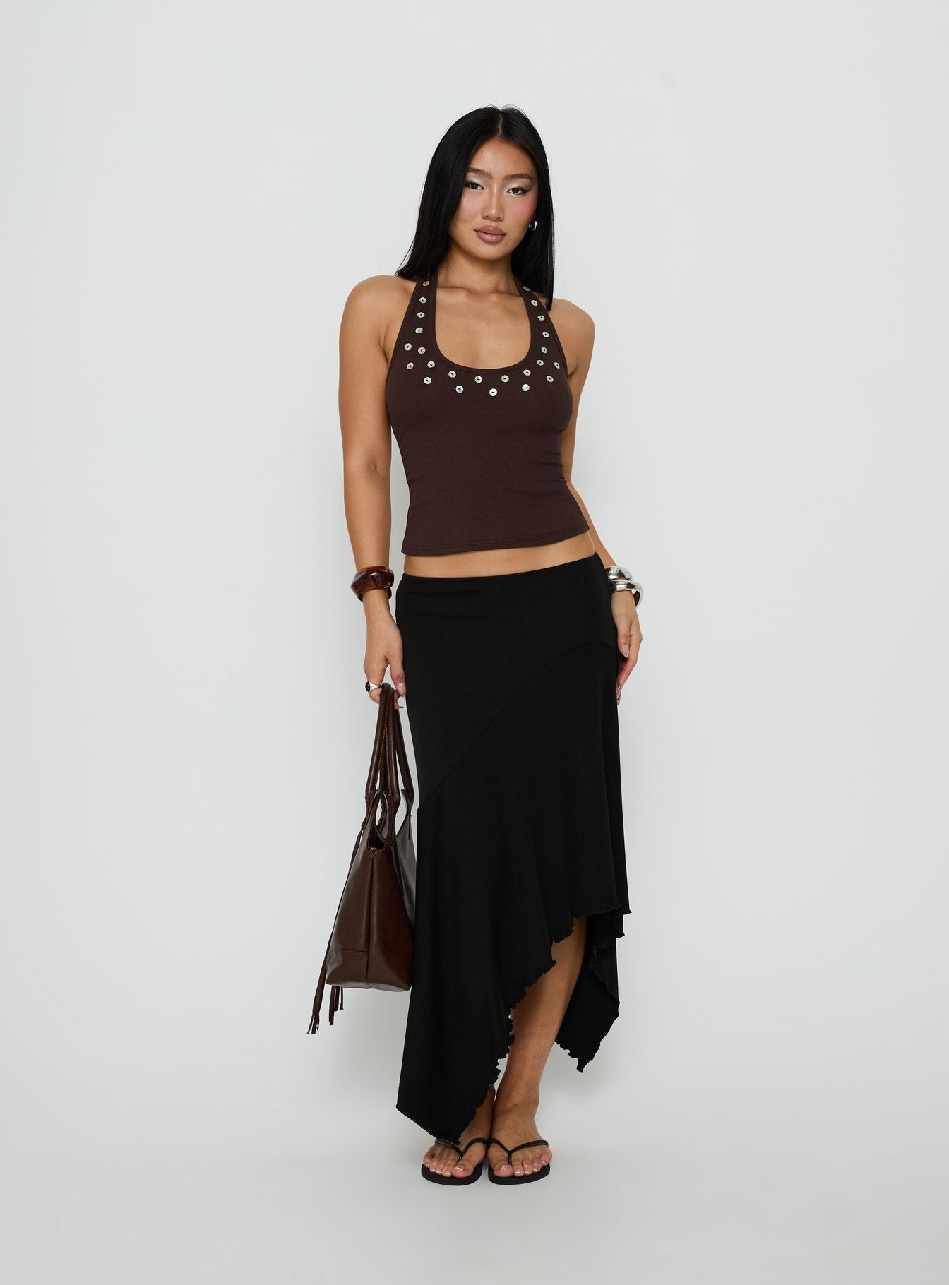 Renara Halter Ribbed Button Top Brown