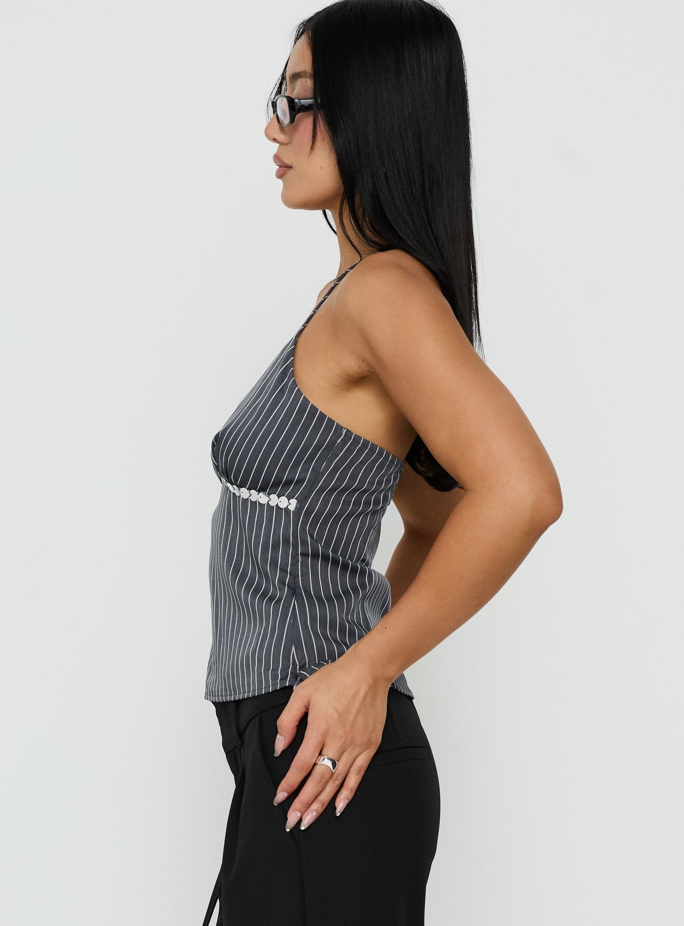 Zenas Sequin Detail Halter Top Grey Pinstripe