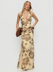 Roselin Mesh Halter Top Brown Floral