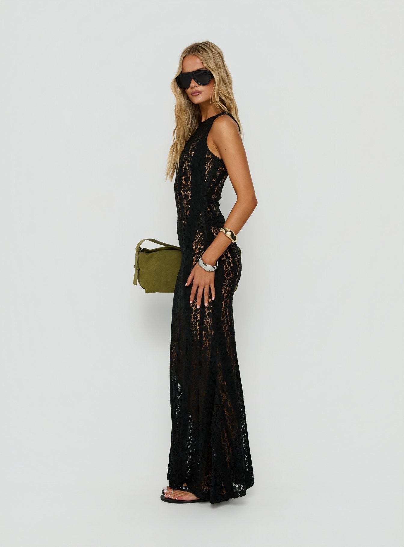 Laurenza Sheer Lace Maxi Dress Black