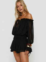 Felicita Off Shoulder Long Sleeve Chiffon Mini Dress Black
